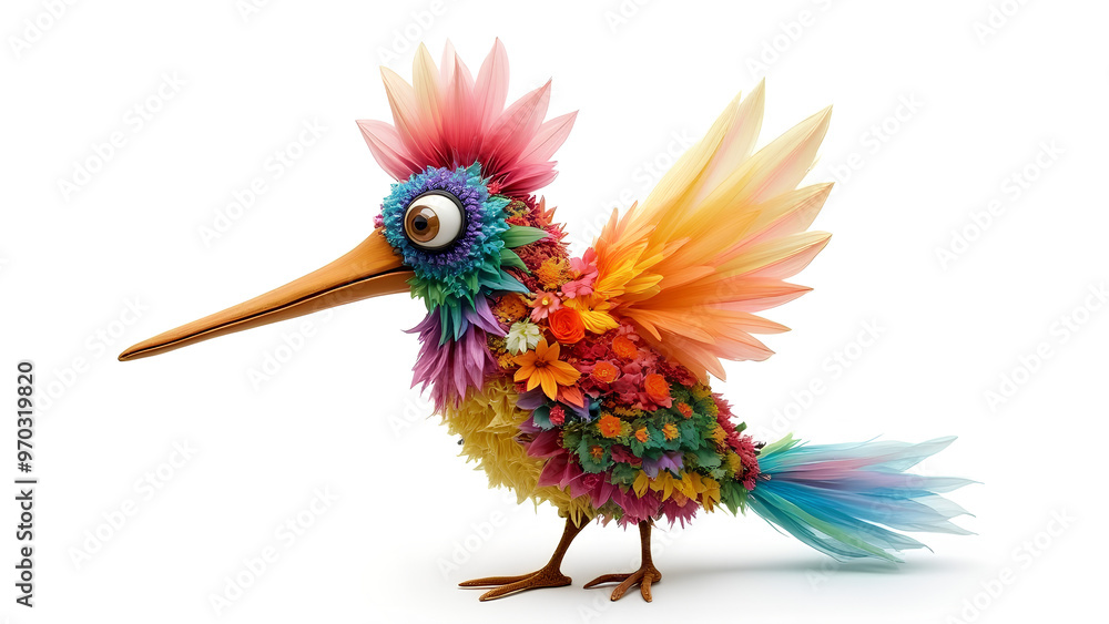 Fototapeta premium A colorful, whimsical bird with large eyes a long beak made entirely of vibrant flowers The bird appears to be made of various materials giving it a unique artistic style on a plain blank white backgr