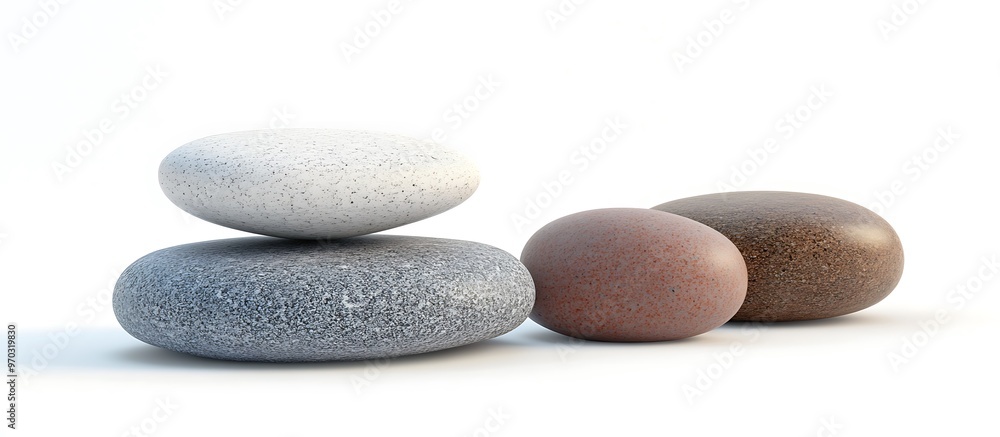 A stack of three smooth, round river rocks with various colors and patterns. The top rock is white and gray, the middle is dark gray, and the bottom is brown and orange. A stack of three smooth, round river rocks with various colors and patterns. The top rock is white and gray, the middle is dark gray, and the bottom is brown and orange.