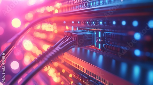 Server Rack with Plugged-In Network Cables in a Data Center photo