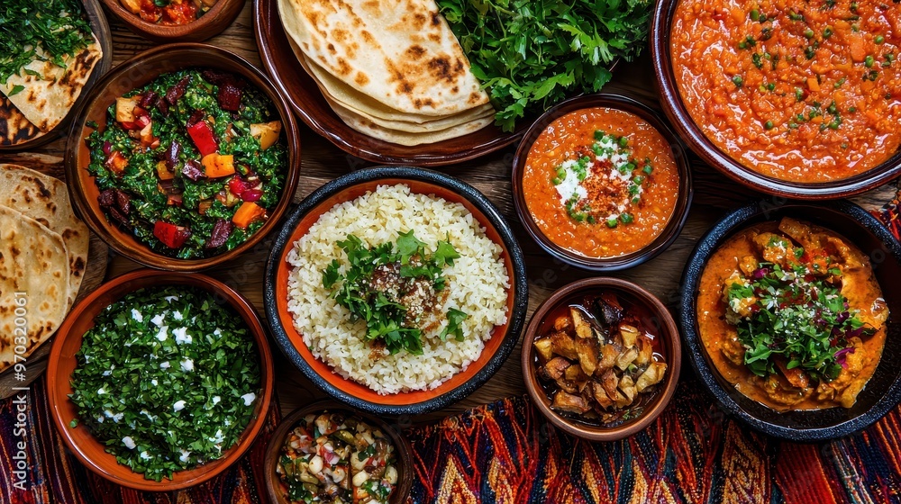 Delicious Middle Eastern Food Platter with Rice Curry Salad and Bread Delicious Middle Eastern Food Platter with Rice Curry Salad and Bread