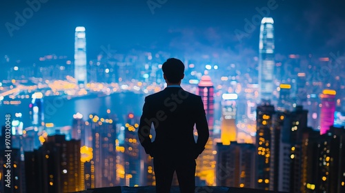 Businessman in Suit Overlooking Modern City Skyline from Office Window photo