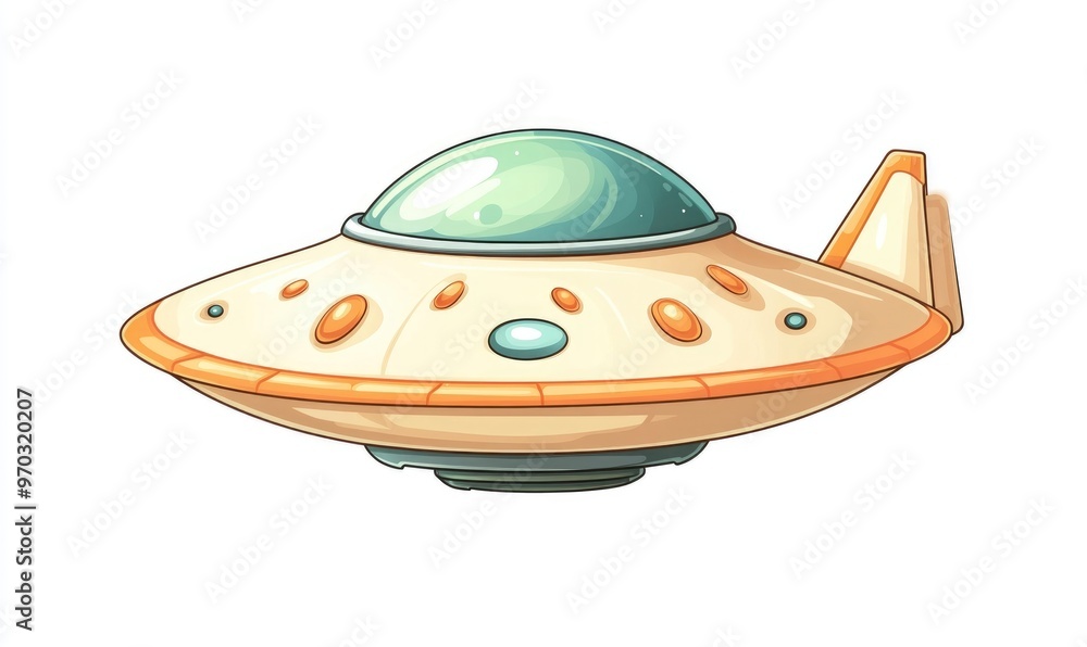 Cartoon icon of a flying UFO in 2D style designed for web applications set against a white background Cartoon icon of a flying UFO in 2D style designed for web applications set against a white background