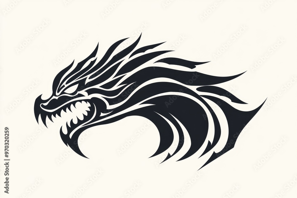 Obraz premium Stunning monochrome 2D cartoon tribal tattoo design featuring a stylized black dragon head set against a white background