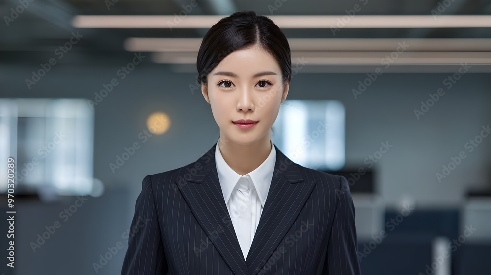 Professional Portrait of a Korean Businesswoman in a Tailored Dark Suit with a Focused Expression, Set Against a Modern, Blurred Office Background with Subtle Grey and Blue Tones. Professional Portrait of a Korean Businesswoman in a Tailored Dark Suit with a Focused Expression, Set Against a Modern, Blurred Office Background with Subtle Grey and Blue Tones.