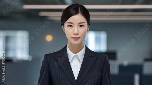 Professional Portrait of a Korean Businesswoman in a Tailored Dark Suit with a Focused Expression, Set Against a Modern, Blurred Office Background with Subtle Grey and Blue Tones.