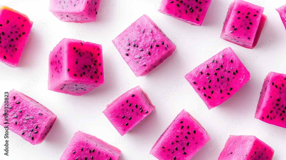 Cubed pink dragon fruit on white background Cubed pink dragon fruit on white background
