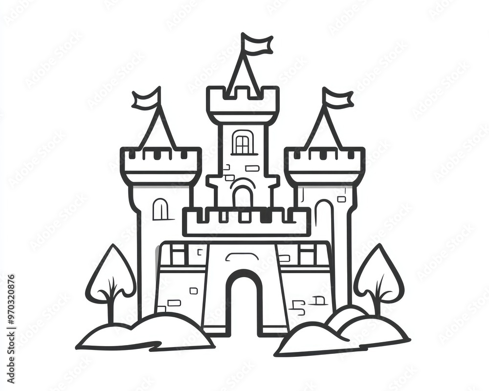 Fantasy castle line art logo and icon featuring an emblematic 2D cartoon illustration design Fantasy castle line art logo and icon featuring an emblematic 2D cartoon illustration design