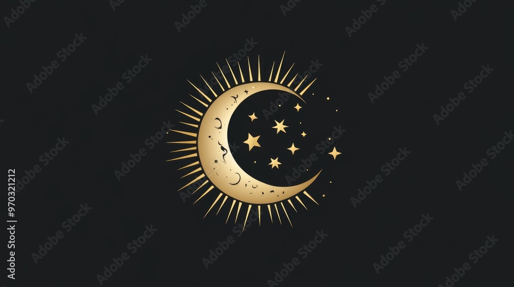 Fototapeta premium Elegant gold logo featuring sun moon and stars in a flat design style