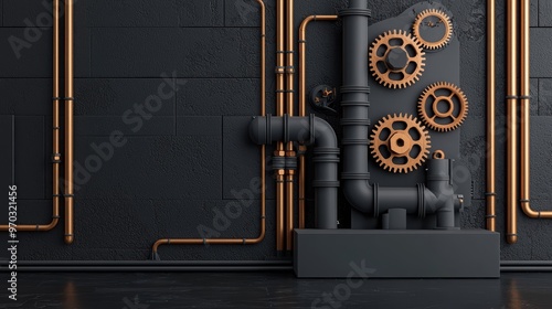 Industrial pipes and gears on a dark wall create a unique steampunk aesthetic, emphasizing machinery and design.