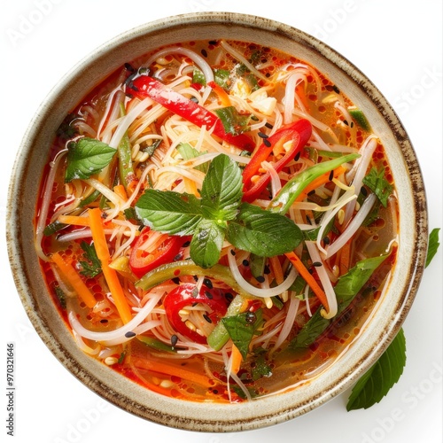 Closeup of Yam Pla Meuk on White Background - Delicious Thai Squid Salad Dish photo