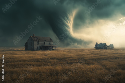 Tornado over the field. Capture the moment a tornado occurs. photo