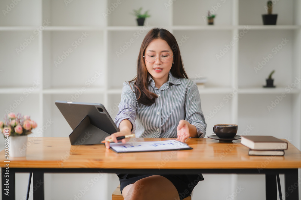 Focused Female Professional Analyzing Data at Home Office Focused Female Professional Analyzing Data at Home Office