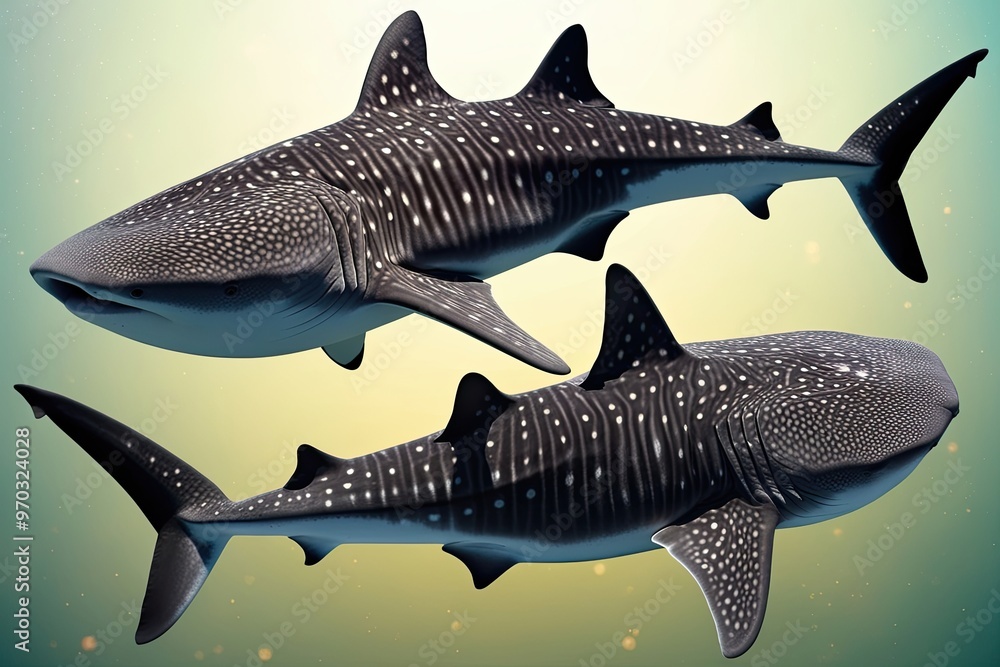 Obraz premium Whale Shark Art Collection Front Side and Top Views on Illuminated Background