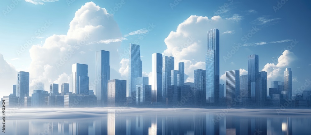 Obraz premium Abstract modern city skyline with a cloudy blue sky in the backdrop rendered in 3D illustration