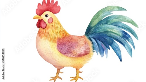 Colorful Easter rooster in a playful children s flat style set against a white background Charming chick illustrated in watercolor photo