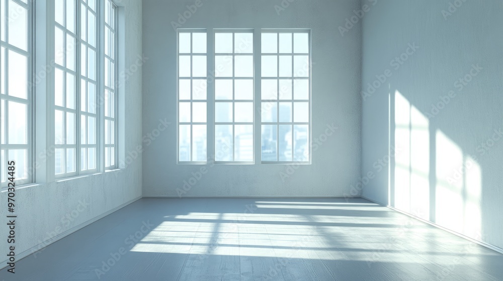 Obraz premium Bright empty room featuring a large window that allows sunlight to pour in 3D rendering