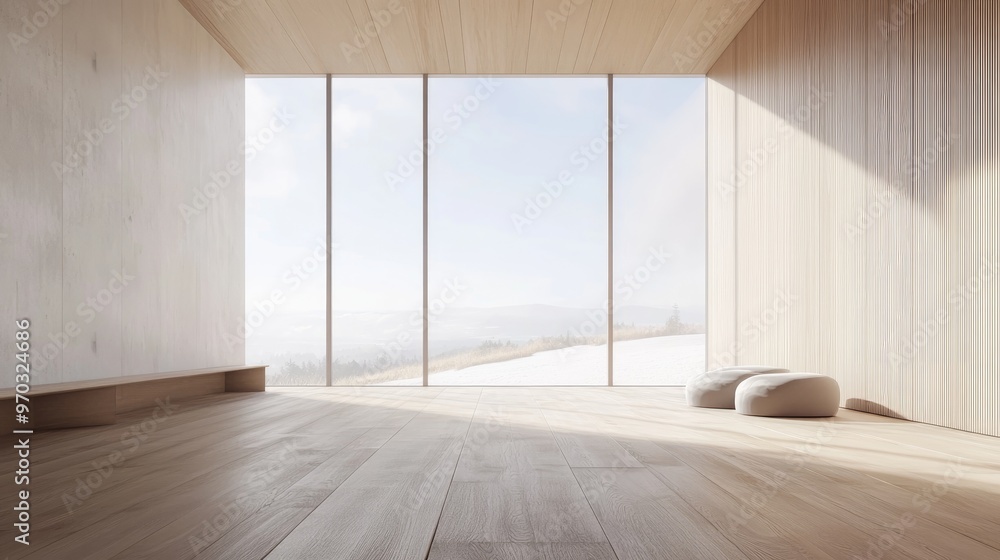 Fototapeta premium Concept of a minimalist Scandinavian interior featuring a spacious room with wooden flooring large walls and a white landscape view through the window 3D rendering of Nordic design