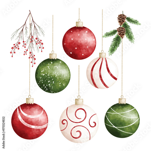 Watercolor Illustration Set of Christmas Ball