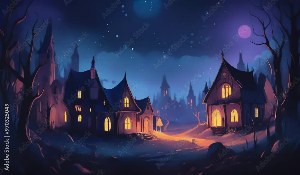 Nighttime Fantasy Village with Illuminated Houses Nighttime Fantasy Village with Illuminated Houses