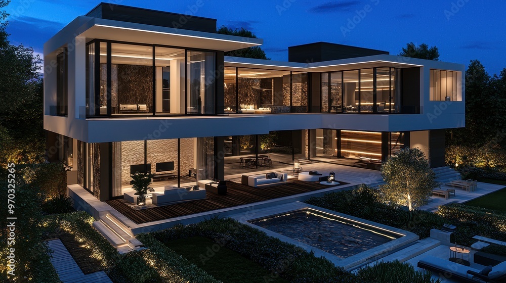 Modern Luxury Home with Pool and Night Lighting Modern Luxury Home with Pool and Night Lighting