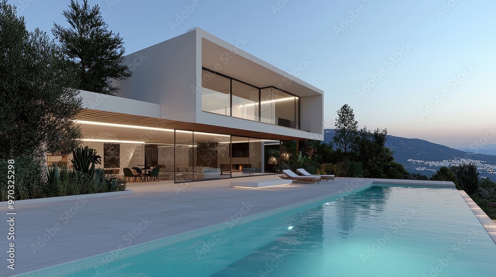 Fototapeta premium Modern Villa with Infinity Pool and Mountain View at Dusk