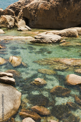 clear blue water and rocks