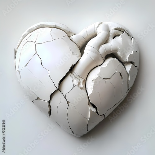 A Heart Unmendable: A white, fractured heart, veins exposed, embodies the raw pain of heartbreak and loss in this powerful 3D render.  photo