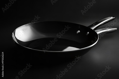 Black and Silver Frying Pan with Teflon Coating. photo