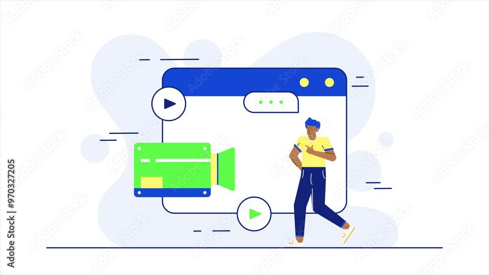 This illustration features a man interacting with video elements and a user interface highlighting digital media engagement illustration business animated video This illustration features a man interacting with video elements and a user interface highlighting digital media engagement illustration business animated video