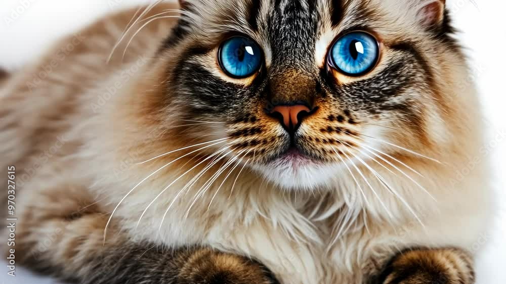 Fluffy cat lounging on a white surface displaying stunning blue eyes and a playful demeanor Fluffy cat lounging on a white surface displaying stunning blue eyes and a playful demeanor