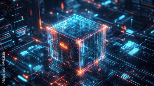 A glowing blue and orange cube with circuits and digital data inside, on a futuristic digital motherboard background.