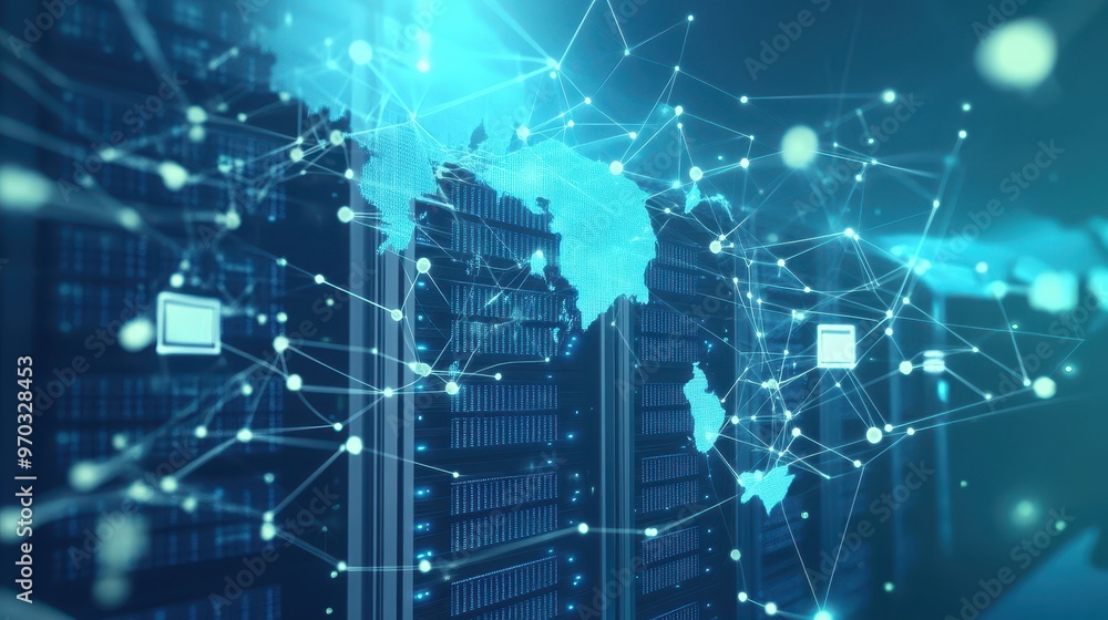 Global Network Connection Concept with Server Racks and World Map Global Network Connection Concept with Server Racks and World Map