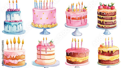 Birthday Cakes Watercolor Set.