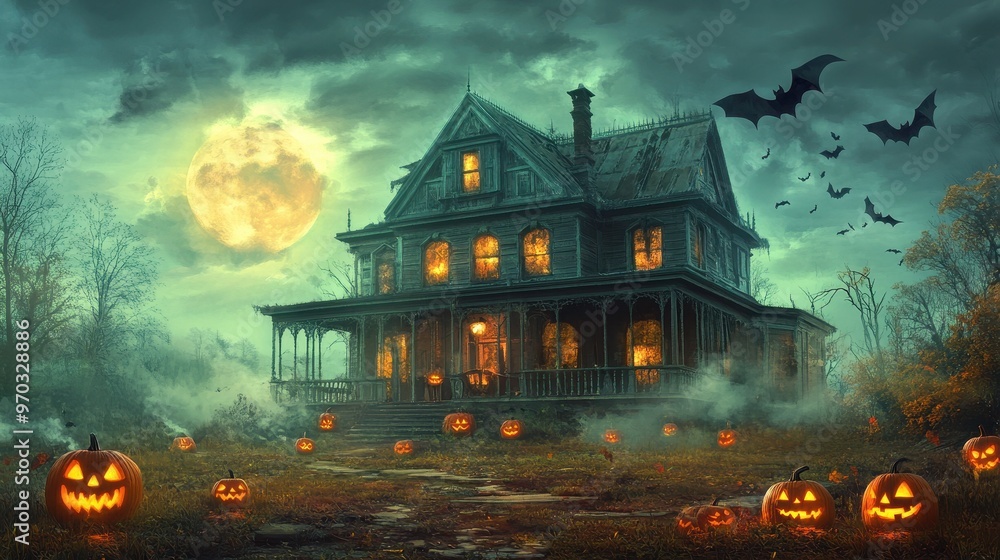Spooky Halloween Haunted House with Jack-O-Lanterns and Bats Under a Full Moon Spooky Halloween Haunted House with Jack-O-Lanterns and Bats Under a Full Moon