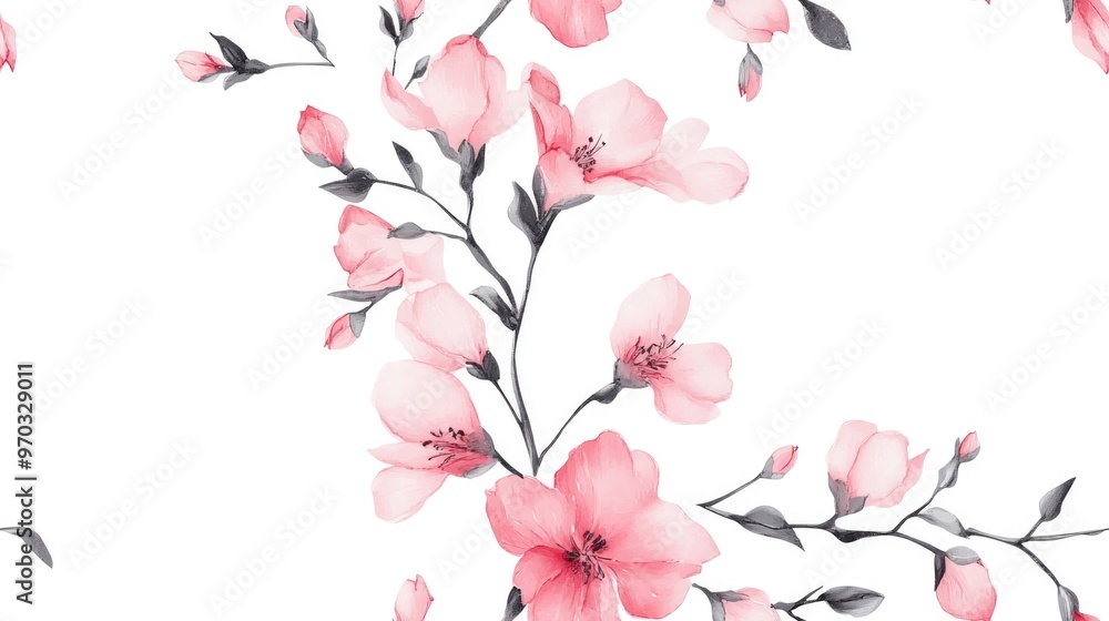 Seamless pattern featuring a floral brush with pink flowers and buds designed as a frame for postcards and business cards isolated on a white background Seamless pattern featuring a floral brush with pink flowers and buds designed as a frame for postcards and business cards isolated on a white background