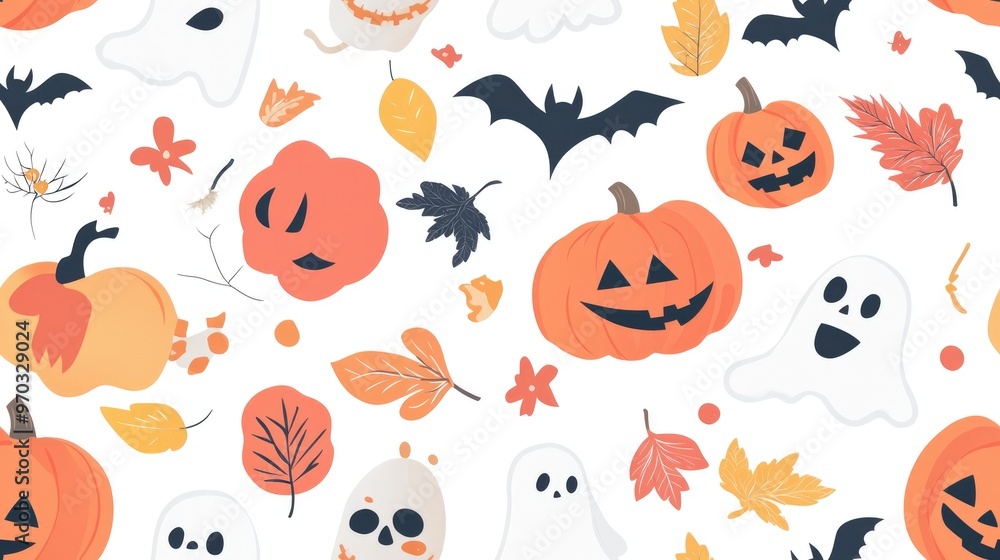Fototapeta premium Cartoon pattern featuring autumn harvest elements Halloween pumpkins ghosts and skulls suitable for wrapping paper fabrics children s clothing prints and festive packaging