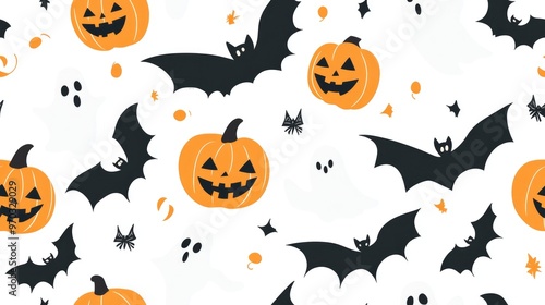 Seamless Halloween pattern featuring bats pumpkins and ghosts on a white background