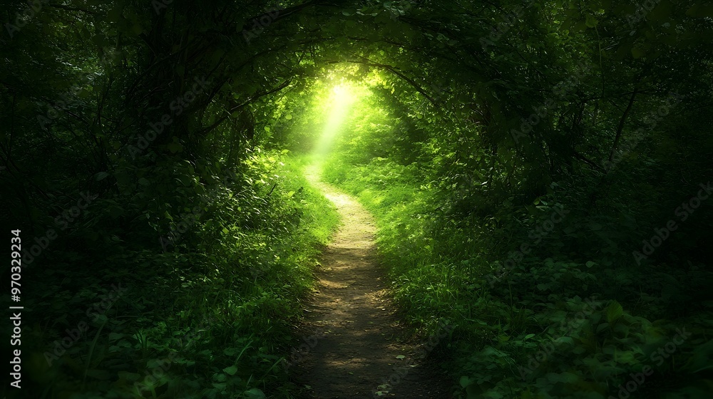 Obraz premium Enchanting Path Through Lush Forest Leads Towards Captivating Light