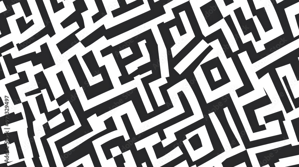 Monochrome geometric seamless pattern in a maze design Monochrome geometric seamless pattern in a maze design