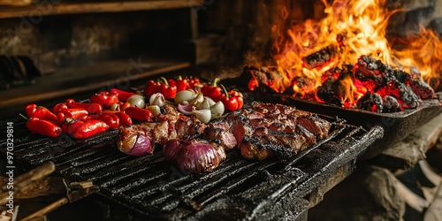 Peppers, onions, and meat roasting over a wood-fired parrilla grill in a traditional Uruguayan restaurant kitchen. photo