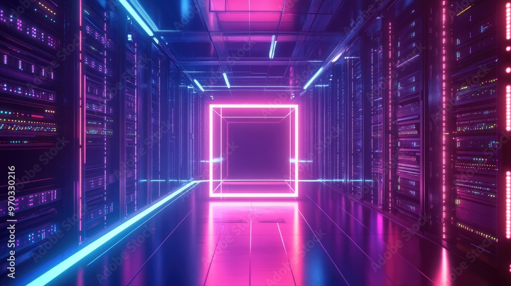 A futuristic server room with neon lights. A futuristic server room with neon lights.