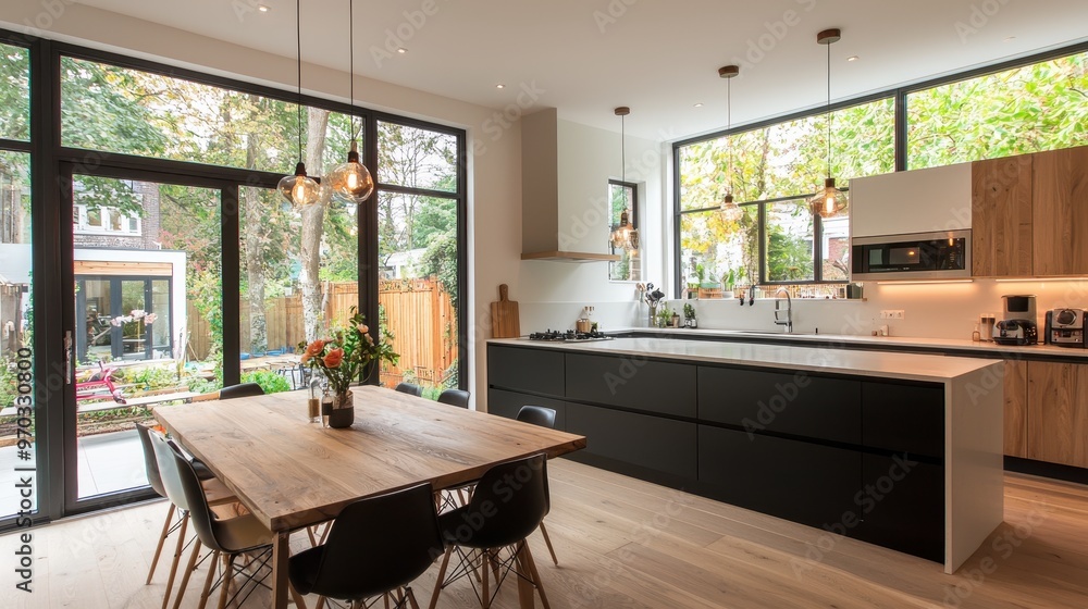 Modern Kitchen with Wooden Table Black Cabinets and Large Windows Modern Kitchen with Wooden Table Black Cabinets and Large Windows