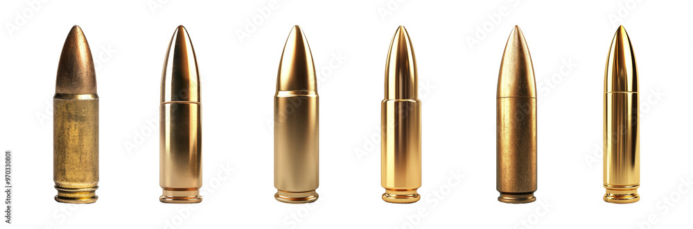 Collection of Various Shiny Brass Ammunition Bullets in High Resolution on Transparent Background Collection of Various Shiny Brass Ammunition Bullets in High Resolution on Transparent Background