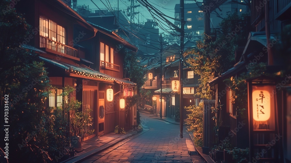 Obraz premium Lofi Beautiful Japanese Japan Tokyo City Town in Evening - Anime Style Cozy Home House Street Asia Asian Architecture Chill Relax 