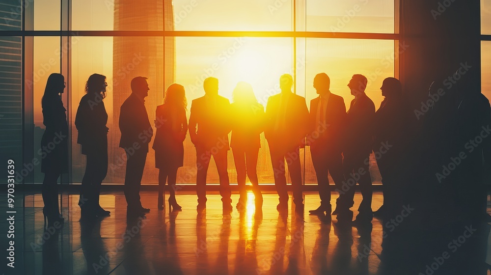 Group of Diverse Business Professionals Collaborating in a Backlit Office Setting During a Corporate Meeting Group of Diverse Business Professionals Collaborating in a Backlit Office Setting During a Corporate Meeting