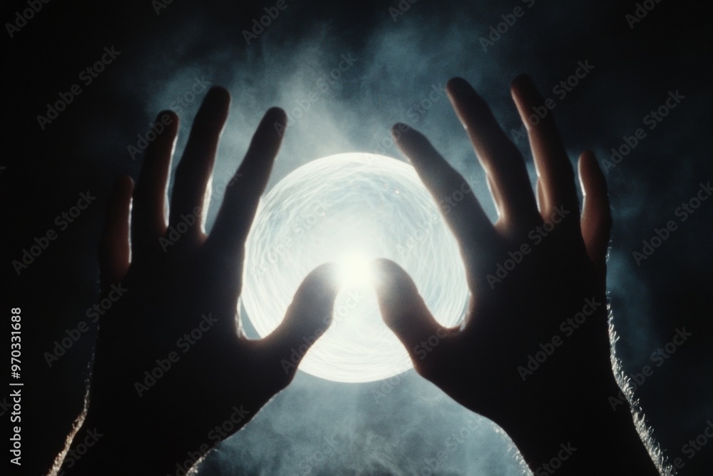 Mystical Light - Hands Holding Glowing Orb in Dark Mysterious Atmosphere Mystical Light - Hands Holding Glowing Orb in Dark Mysterious Atmosphere