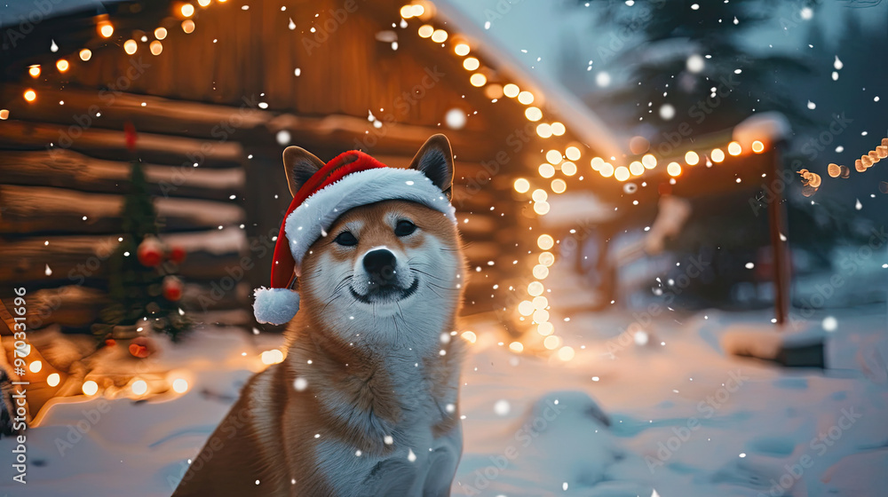 Festive Shiba Inu in Santa Hat by a Snowy Cabin with Falling Snow and Christmas Lights