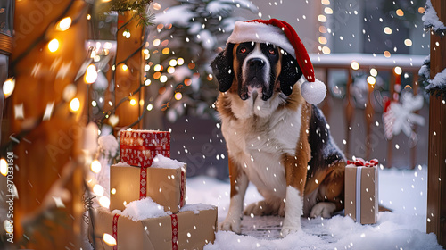 Gentle Saint Bernard in Santa Hat Poses by Christmas Gifts on a Festive, Snowy Porch