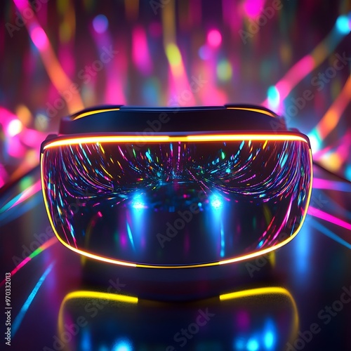 Stylish and Futuristic Virtual Reality Glasses in Vibrant Abstract 3D Environment with Neon Accents and Dynamic Lighting Effects