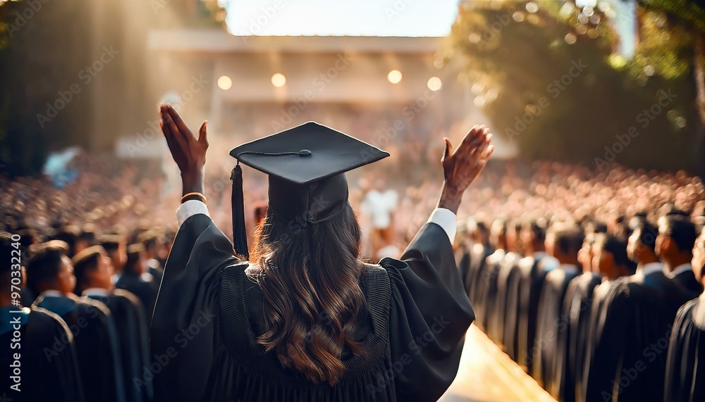 Obraz premium graduate walking across the stage to receive their diploma, with family and friends cheering in the audience. graduate in the graduation